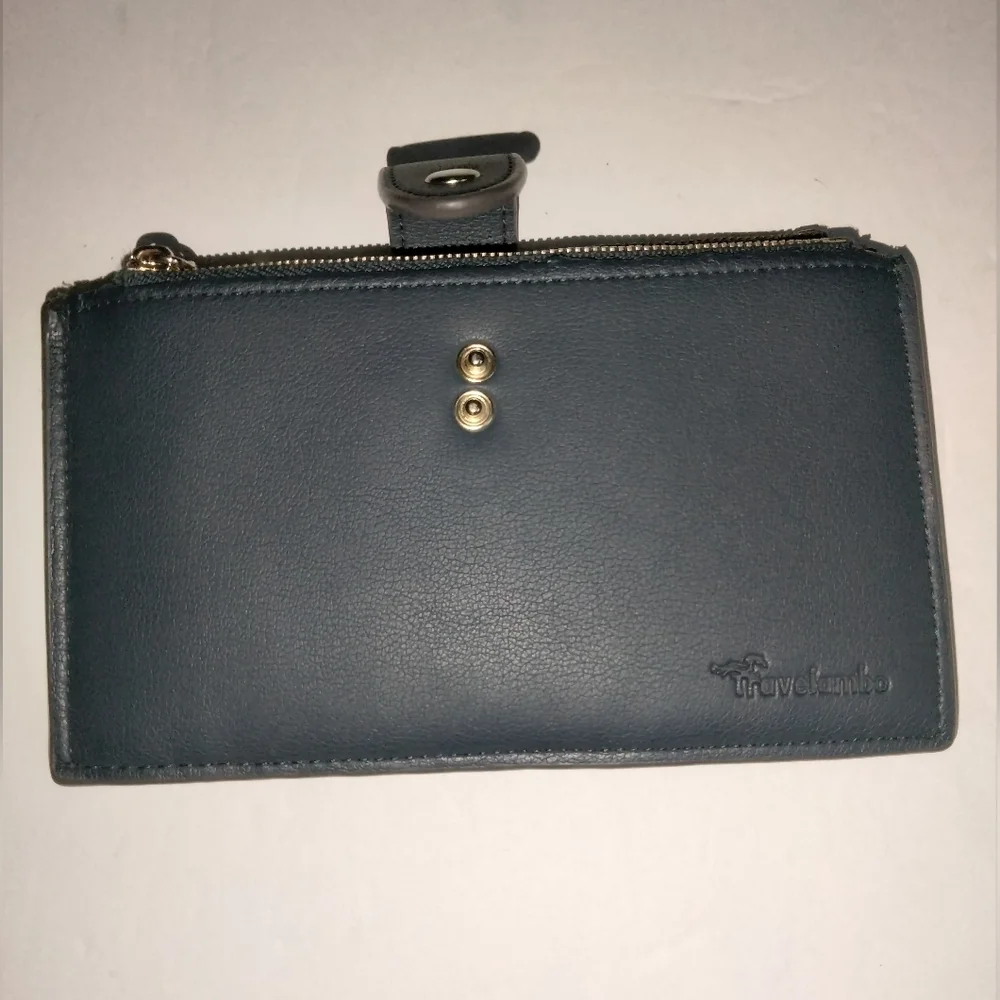 Travelambo (Navy) VeganLeather Multi Zip & Slip Pocket Expandable Travel Wallet
